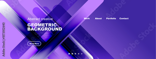 Purple geometric background features overlapping shapes, text elements, navigation menu. Modern design suitable for website header or banner.