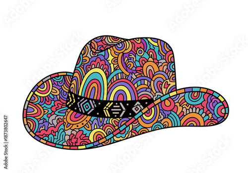 Colorful patterned cowboy hat with vibrant designs and shapes  