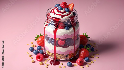 Creamy berry parfait in a clear jar with fresh fruit and syrup  