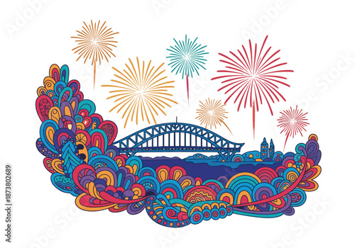 Colorful illustration of Sydney Harbour Bridge with fireworks display  