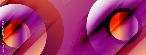 Abstract composition featuring overlapping circles, vibrant gradients. Shades range from purple to orange, creating dynamic visual effect.