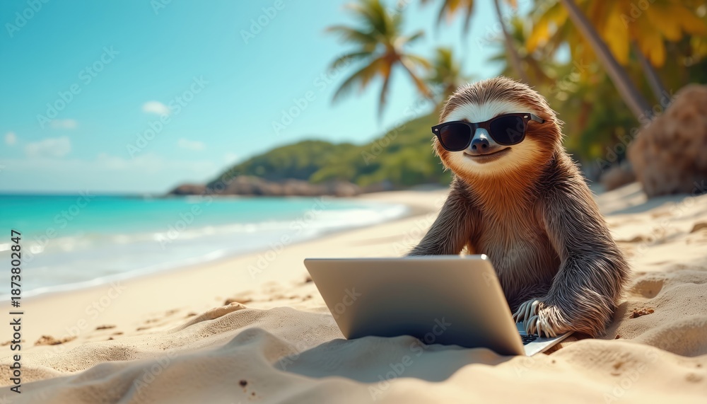 Obraz premium Sloth wears sunglasses sits on sand beach using laptop. Tropical island ocean waves lap shore. Palm trees sway in warm breeze. Animal works online remotely enjoying vacation.