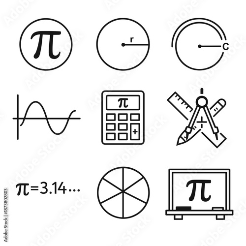 Pi Day calculation line icon set with calculator, compass and circle tools