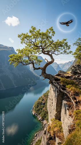 Ancient oak tree rooted precariously on cliff edge above fjord with eagle  