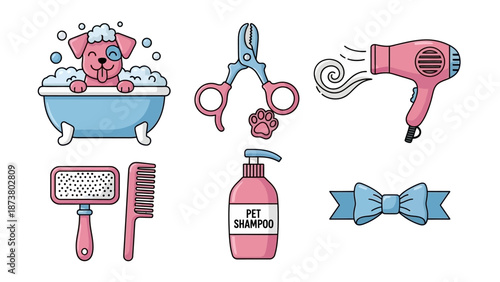 Grooming tools and accessories for pets illustrated in a vibrant graphic style