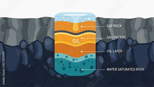 Cross-sectional diagram illustrating layers of oil, gas, and water beneath the earth's surface