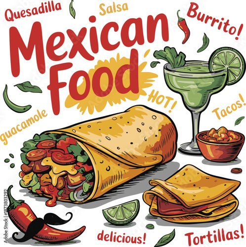 Mexican cuisine, sketch doodle food set. Traditional fast food lunch.