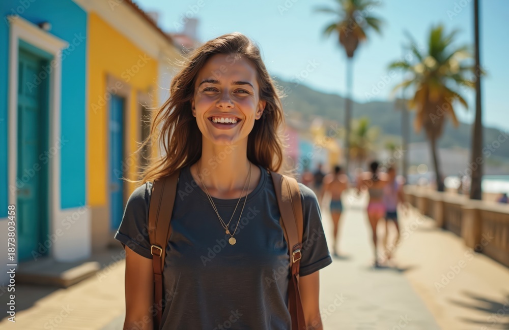 Fototapeta premium Young woman with backpack walks on sunny boardwalk near colorful buildings and ocean. She smiles happily, enjoying vacation vibes and warm summer weather. People relax on beach background.