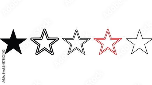 A black star and four white stars on a plain white background