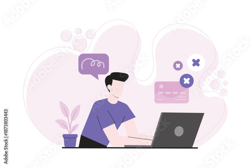 Flat illustration of a man working on a laptop with error icons and failed payment symbols. Concept of online transaction problem, system error, fintech issues, troubleshooting.