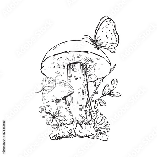 Taiga Forest Botanical composition. Hand drawn mushrooms, leaves, berries, moss and a butterfly. Good for botanical prints, packaging, labels, books, posters and nature designs