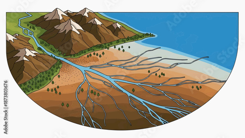 River Delta Landscape with Mountains and Water Flow Illustration