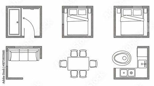Technical illustration of house plans featuring various room layouts from different viewpoints on a white background