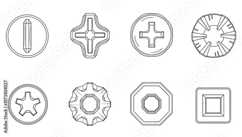 A collection of simple line icons representing various screw heads and fasteners in a grid layout