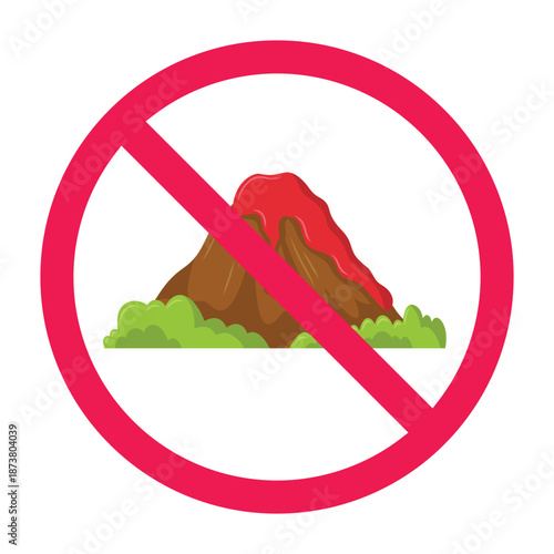 No volcano sign, forbidden volcano icon, volcano prohibited symbol, do not enter volcano area symbol, volcanic restriction sign, no lava zone icon 
