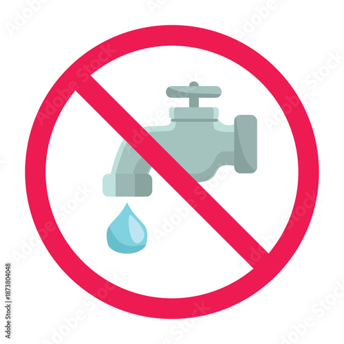 Forbidden sign with faucet and water drop icon, do not waste water, stop water leak sign, no running tap, no drinking water, no washing sign 