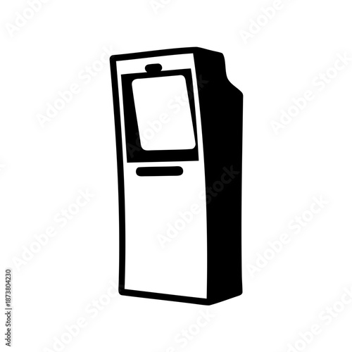 Black and white illustration of a stylized automated teller machine ATM