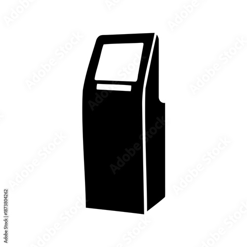 Black and white image of a modern information kiosk with a display