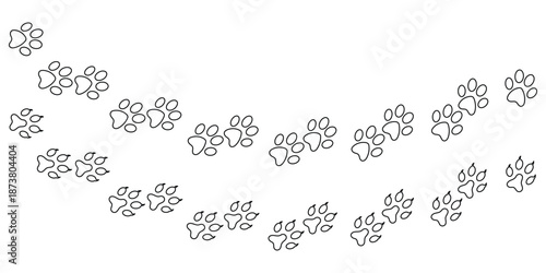 Paw vector foot trail print featuring cat, dog, and puppy silhouettes in diagonal tracks, ideal for t-shirts, backgrounds. Paw footprints.
