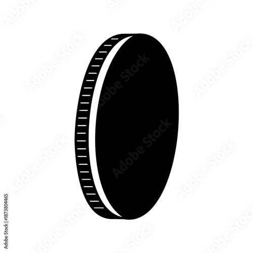 A symbolic, black and white representation of a coin with detailed edges