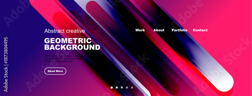 Abstract geometric background. Vibrant colors, flowing shapes, website header design. Includes text, navigation buttons, dots. Modern style.