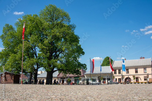 Historic Market Square (Rynek) on clear, sunny day. Stary Sącz, Poland.