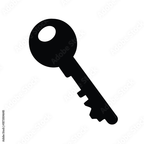 Black silhouette image of a common metal door key on white background