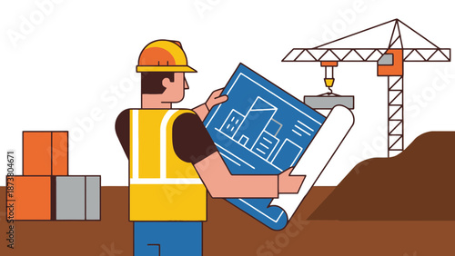 A construction worker in a hard hat and vest holding blueprints on a building site
