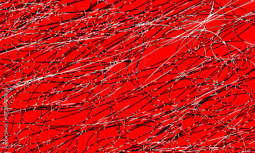 Abstract red background with tangled black and white lines, chaotic scribbled texture, expressive ink splatter graphic, modern artistic distress pattern for posters and digital art