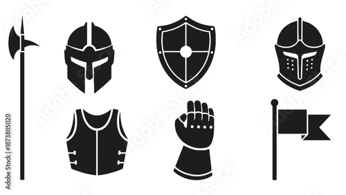 A collection of medieval armor and weapon icons in black and white