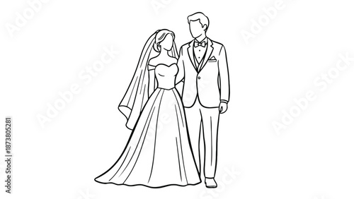 A simple line drawing of a bride and groom standing together happily