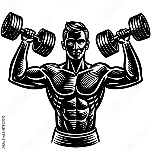 Muscular Bodybuilder Lifting Dumbbells Shoulder Press Illustration