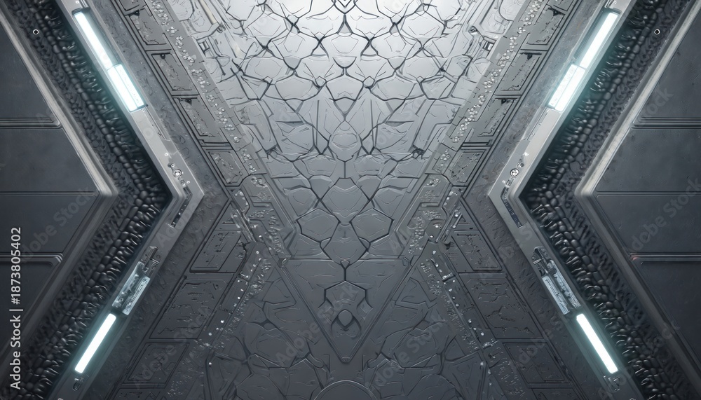 Obraz premium Sci-fi paneling interior with metallic texture and geometric patterns. Futuristic architecture design with linear lights and intricate details, ideal for backgrounds.
