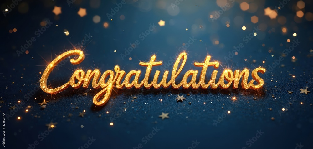 Fototapeta premium Golden word Congratulations sparkles on dark blue background with stars. Festive greeting message, perfect for celebrating success achievements, special events, or holidays.