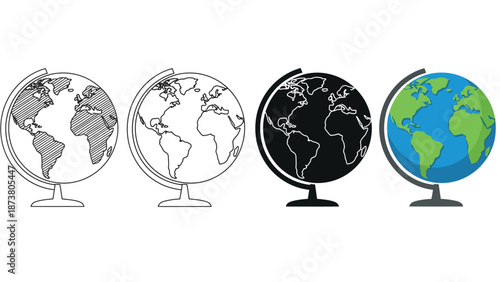 Four different globe illustrations on a white background for educational use