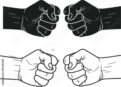 Hand drawn vector sketch set of two fists bumping, showing solidarity, agreement, partnership and strong power in black and white styles.