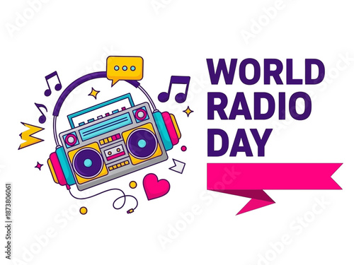 World radio day illustration with boombox and music symbols