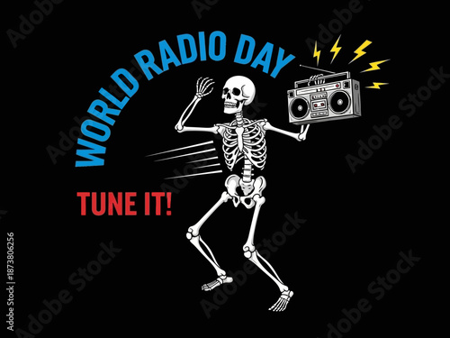 A dancing skeleton holding a boombox on world radio day