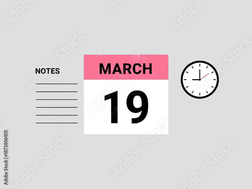A calendar page showing march 19th with a clock