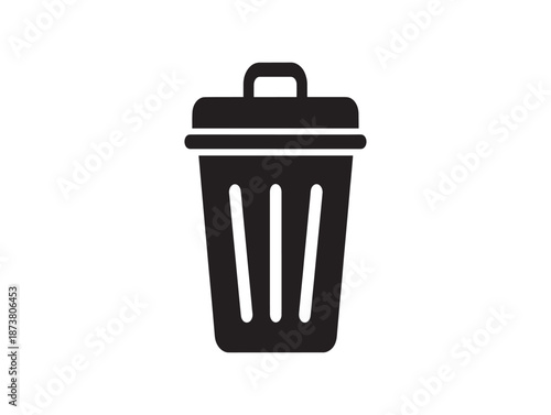 A simple black trash can icon with a lid and handle