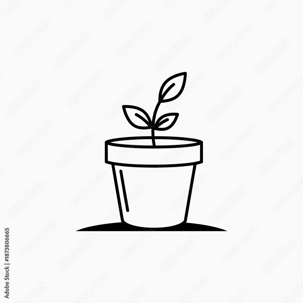Fototapeta premium Line art illustration of a small plant seedling growing in a flower pot, representing concepts of growth, nature, gardening, and sustainability.