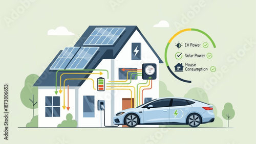 Modern House with Solar Panels and Electric Car Charging Station.