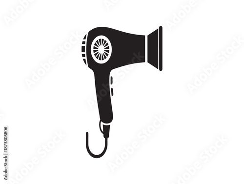 Black and white illustration of a hair dryer with a hook