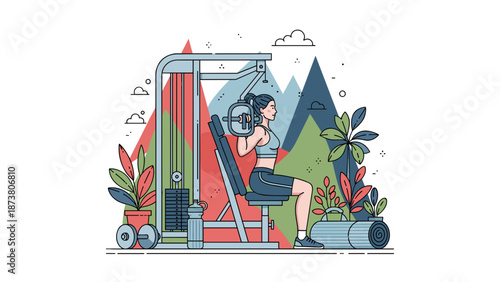 Woman exercising on a chest press machine in a colorful gym setting.