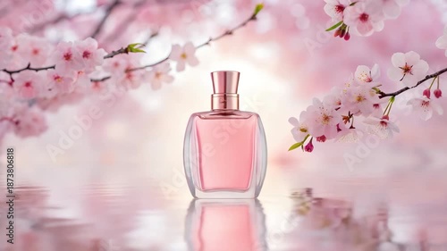 Floating Pink Perfume Bottle with Cherry Blossoms and Gentle Spring Light 