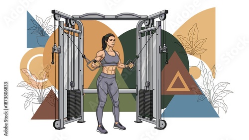 Woman exercising with cable machine for strength training and fitness.