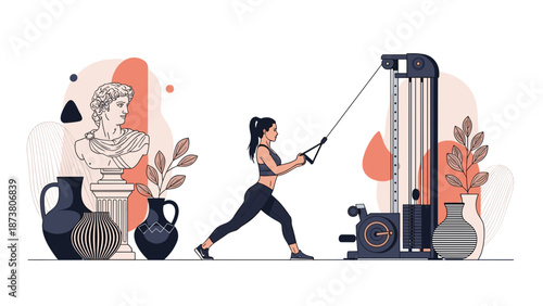 Woman exercising with cable machine focused on fitness and strength training.