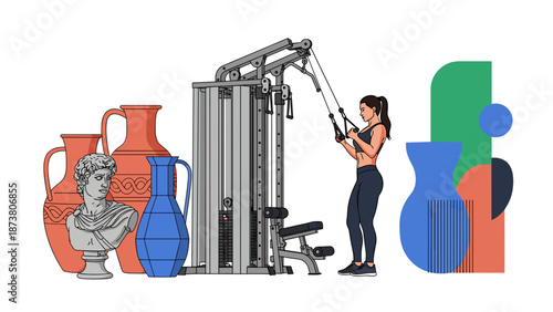 Woman exercising with fitness equipment and ancient art sculptures.