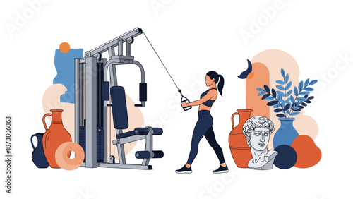 Woman exercising with cable machine in modern gym setting.