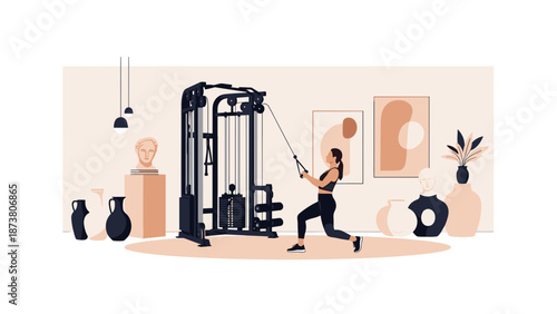 Woman exercising with cable machine in modern gym setting 2.